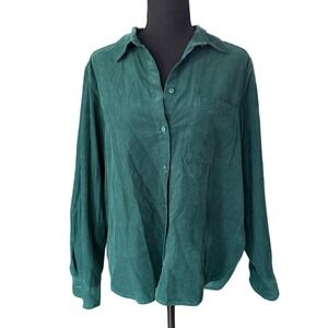LOFT Mini Corduroy Button Up Shirt Green Long Sleeve Womens M Minimalist Office